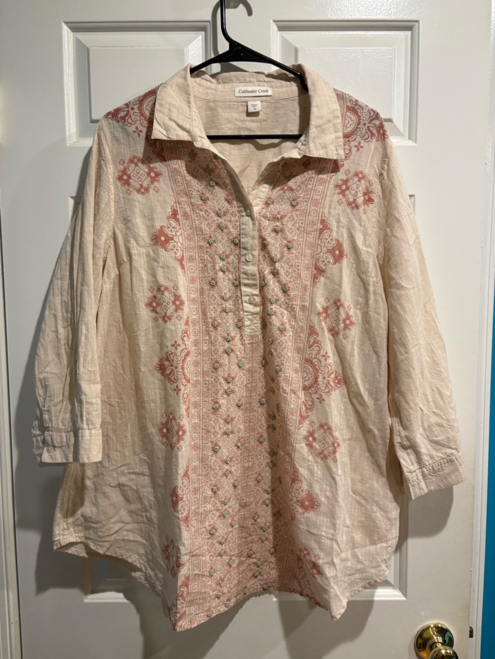 Coldwater Creek button-down tunic blouse cream boho beaded 1X